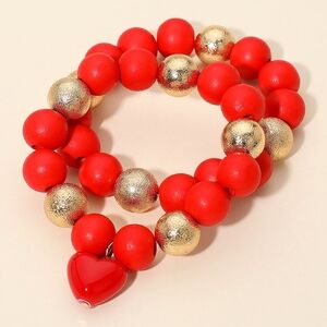 Red Gold Heart Charm Layered Metal Ball Chunky Wooden Beaded Stretch Bracelet